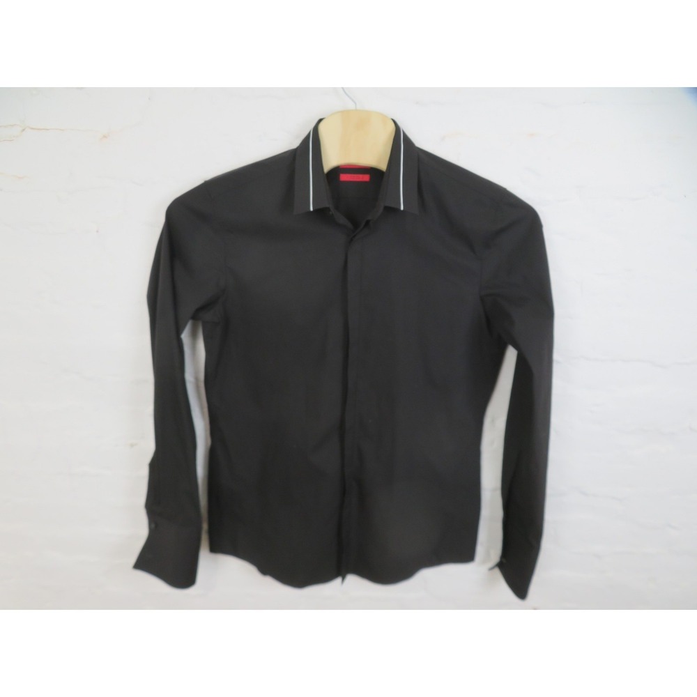 Hugo Boss Shirt Mens 16 41 Black Slim Fit Dress Button Front Red Label Modern